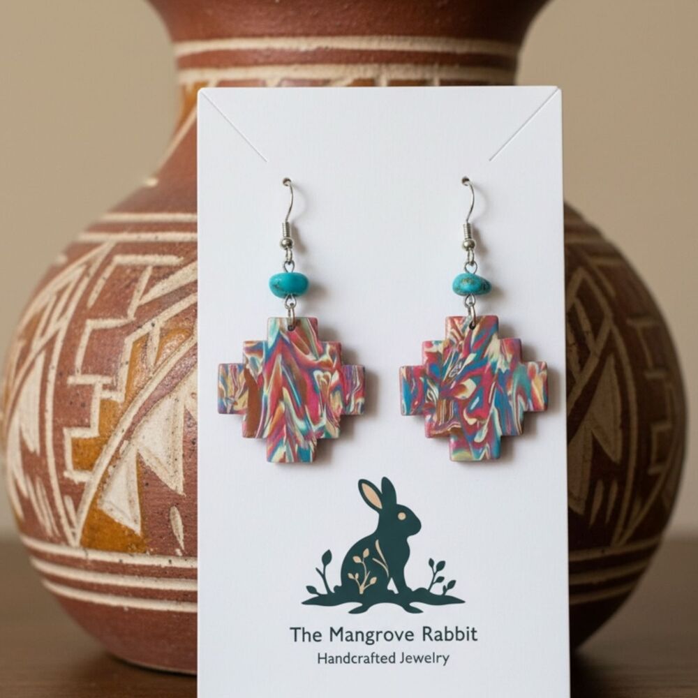 Turquoise Sante Fe Stepped Cross Southwest Handmade Polymer Clay Dangle Earrings